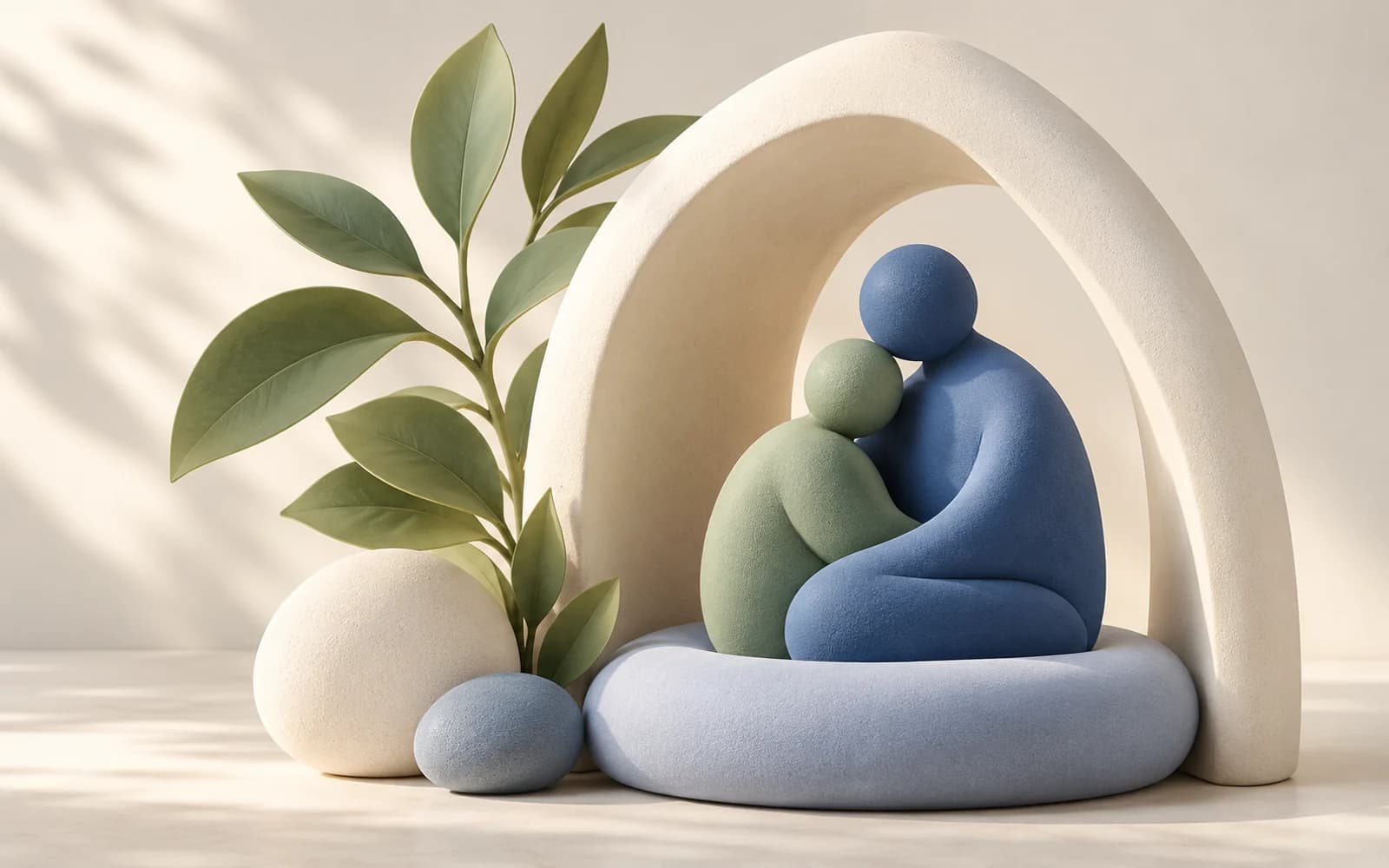 Concierge Care Hub project cover project illustration: abstract people sheltered by an arch with soft botanical forms