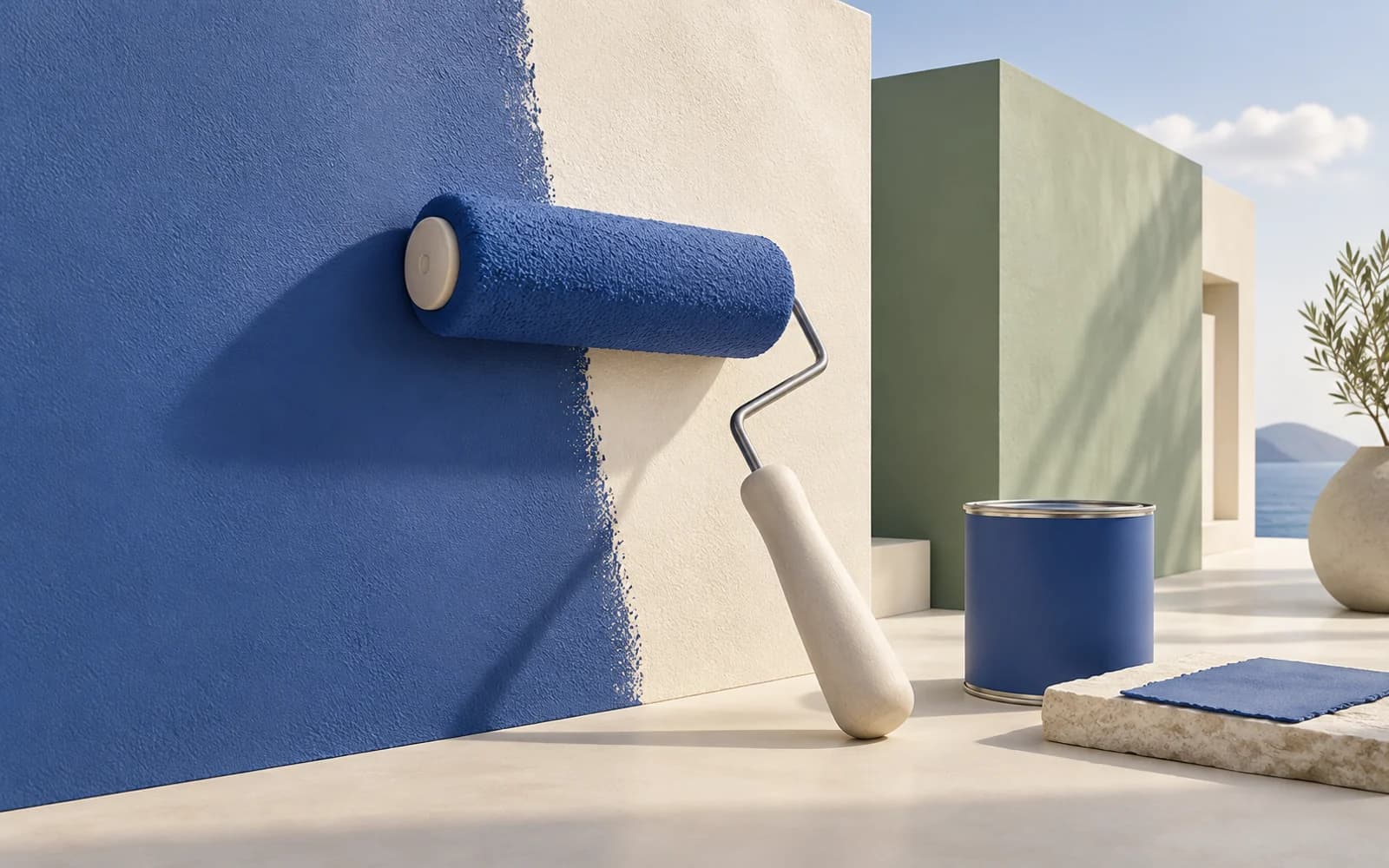 Newlook Coatings project cover project illustration: a paint roller finishing architectural surface panels