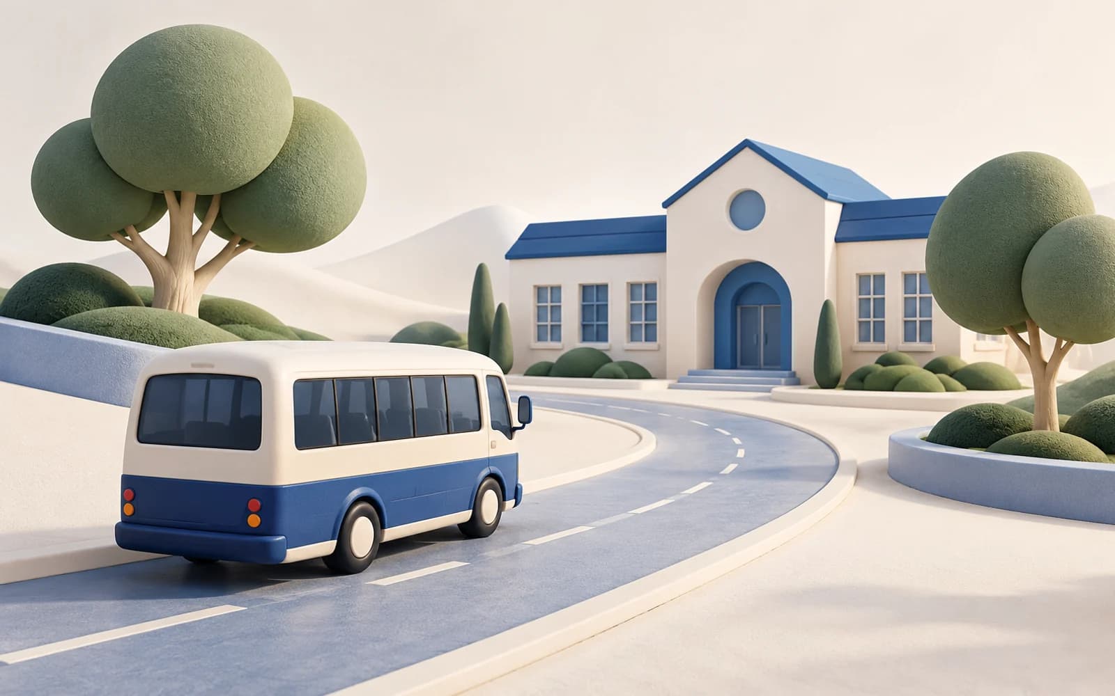 VIP Chauffeurs project cover project illustration: a school minibus approaching a school along a curving road